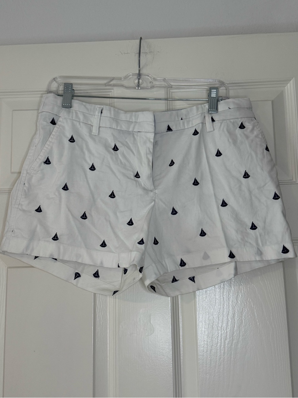 British Khaki White Shorts with Navy Sailboat Embroidery